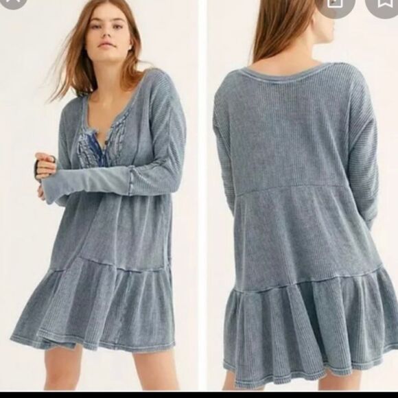 fp XS One Jolene Waffle Knit Stone Washed Blue Tiered Long Sleeve Dress - Picture 1 of 16